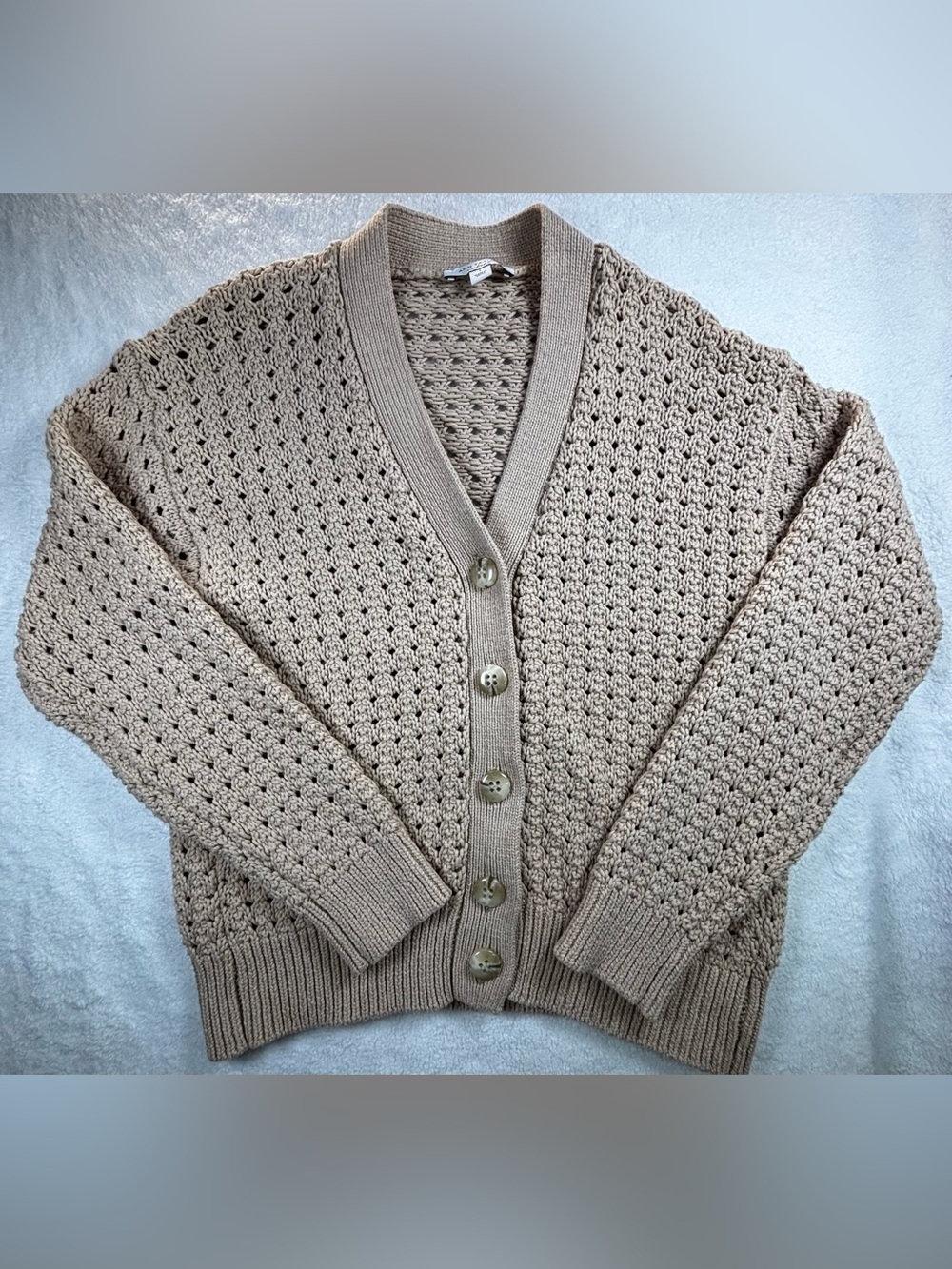 Ann Taylor Weekend knit cardigan, size L, soft beige open‑weave style